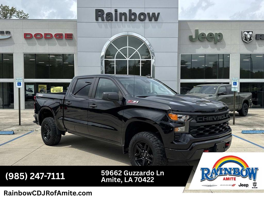 Black 2023 Chevrolet Silverado 1500 Custom Trail Boss Crew Cab 4WD Pickup Truck Four-Wheel Drive Automatic