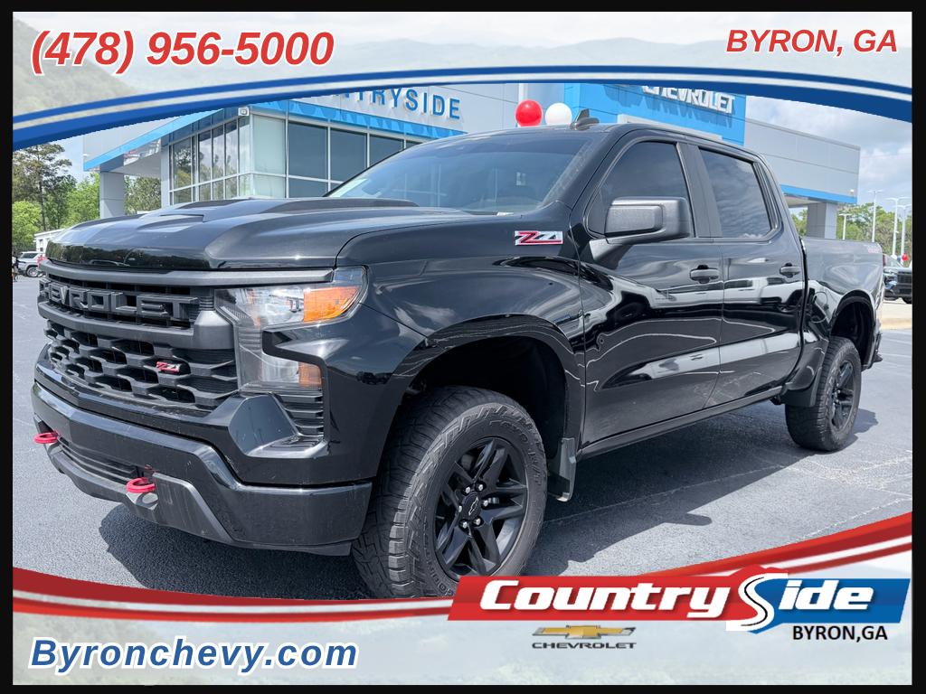 Black 2023 Chevrolet Silverado 1500 Custom Trail Boss Crew Cab 4WD Pickup Truck Four-Wheel Drive Automatic